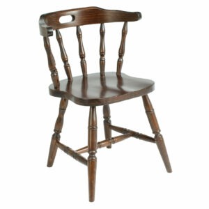 Dublin curved armchair with a dark brown wooden frame, curved back, and spindle detailing.