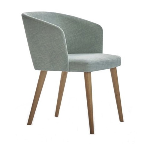 Side view of a Dury armchair. It has a light gray upholstered seat and back, and a wooden frame.