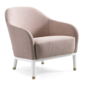 Upholstered Louie lounge chair in light pink fabric. Features a white wood frame and tapered legs with gold accents.