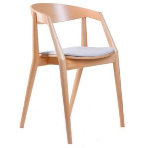Front view of the light beech wood Evolve Armchair with upholstered seat.