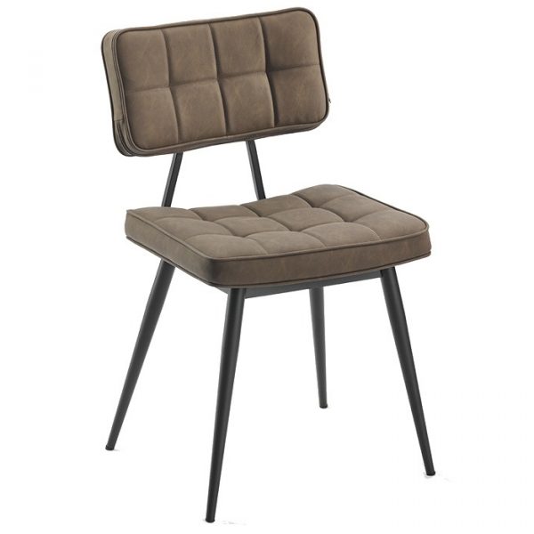 Felix F side chair with brown upholstered seat and back. Black metal frame and legs.