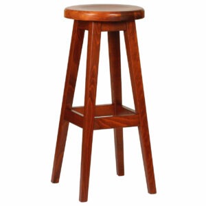 Front view of a wooden Gal barstool. The high stool has a round seat and a square footrest.