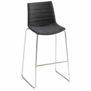 Upholstered grey Kanvas barstool with a metal frame and footrest.