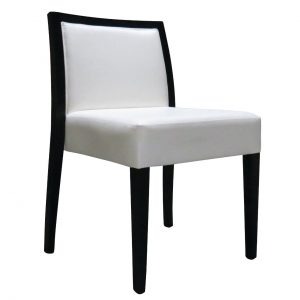Upholstered Leo side chair with a black beech frame and white seat and back.