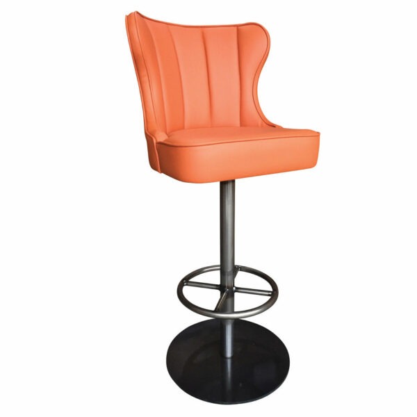 Upholstered orange Sub barstool with a metal frame and footrest. High stool, upholstered chair.