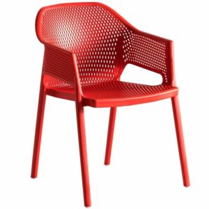 Red Minush armchair. The polypropylene shell has a perforated design. Outdoor furniture.