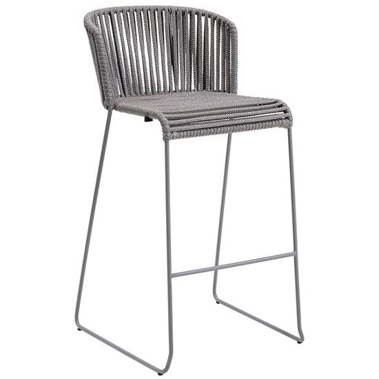 Grey Moment barstool with woven seat and back on a metal frame. Outdoor stool.