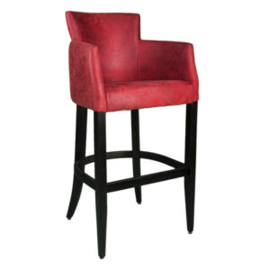 Upholstered Nina barstool in red with a dark wood frame. High stool with armrests.