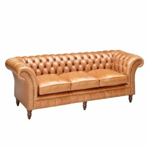 Front view of a tan, leather Oxford 3 Seater Sofa with button tufting and three cushions.
