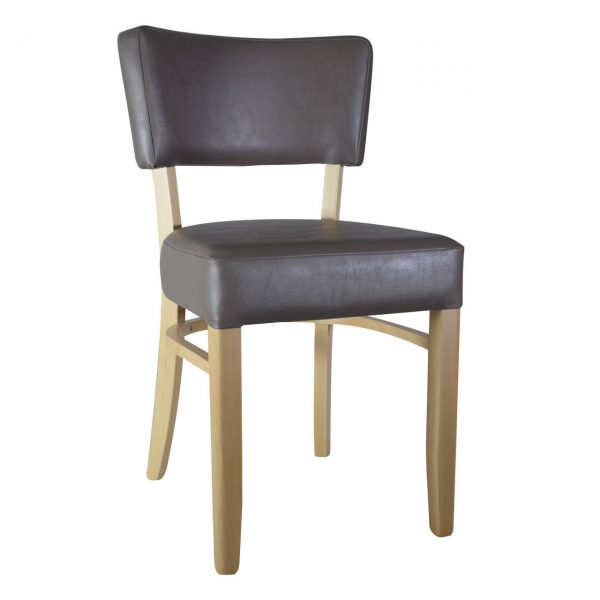 Front view of a brown, upholstered Pash Plain Side Chair with a light wood frame.
