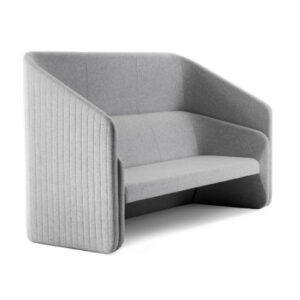 Angled view of a light grey upholstered Race sofa with a high back and armrests.