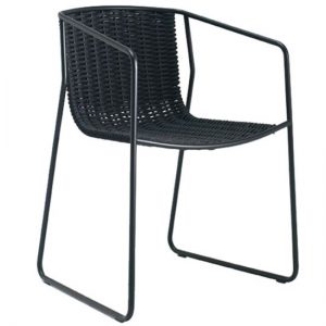 Black Randa armchair. Metal frame with woven seat and back. Modern outdoor chair.
