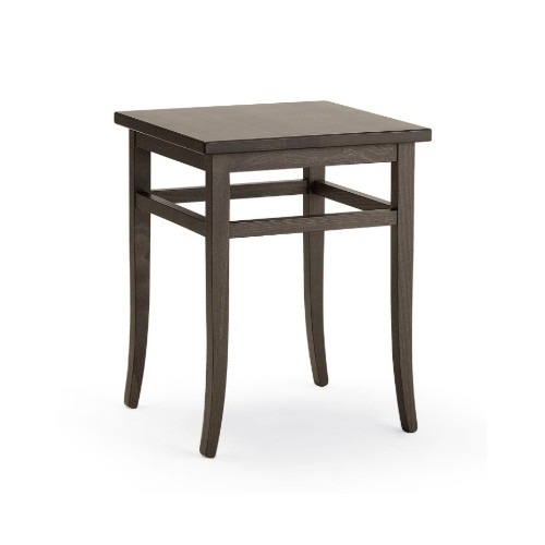 Square RAVA 50 coffee table made of stained solid wood. Features curved legs and a simple, modern style.