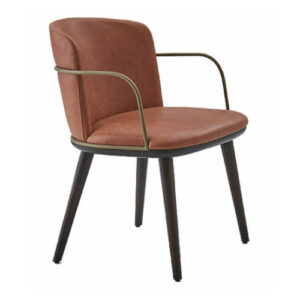Raven s armchair with brown leather upholstery, metal frame, and dark wood legs.