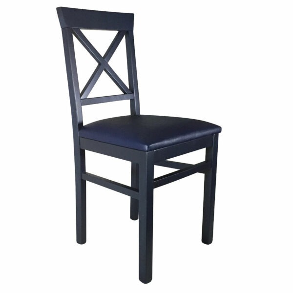 Angled view of a dark wood Regus side chair with upholstered seat and cross back design.