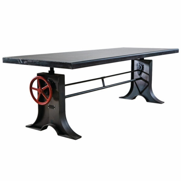 Industrial style SL-014 Table Base with oak top. Features a black metal frame, red wheel for height adjustment, and wood top.