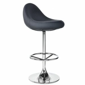 Upholstered Scoop barstool with a metal frame. The seat and back are a dark gray. The frame is chrome with a circular footrest and base.