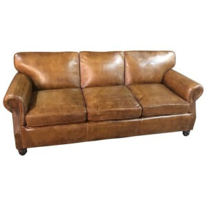 Front view of a brown leather Sheffield Sofa with a wooden frame and upholstered seat.
