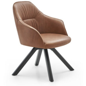 Angled view of the Sheamus armchair. Features brown leather upholstery, black metal frame and armrests.