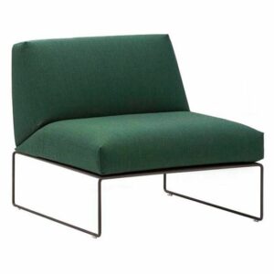 Angled view of a green upholstered Siesta modular sofa with a black metal frame.