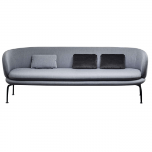 Front view of a gray upholstered Soave Sofa with a metal frame and three cushions.