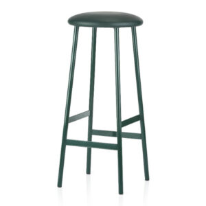 Front view of a green Sputnik barstool with a metal frame and upholstered seat.