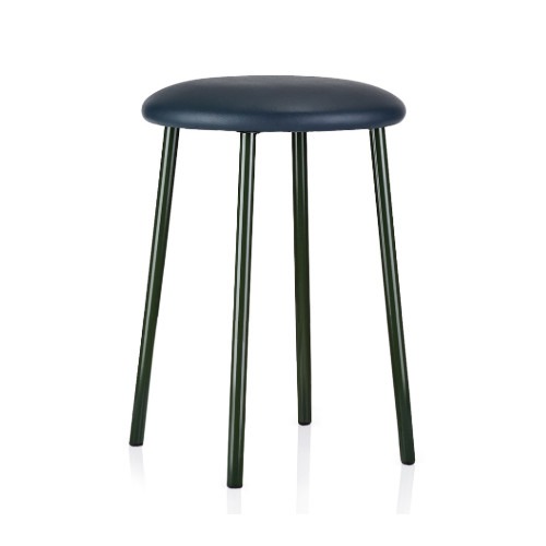 Minimalist Sputnik low stool with a navy upholstered seat and a dark green metal frame.