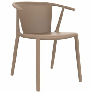 Front view of a taupe Steely armchair. The frame is made of polypropylene, and the chair is stackable.