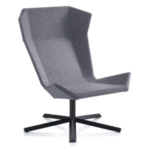 Angled view of a gray upholstered Stealth lounge chair with a black metal frame.