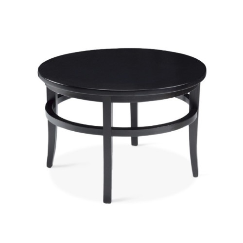 Black TAVA 70 coffee table, round wooden top and curved legs.