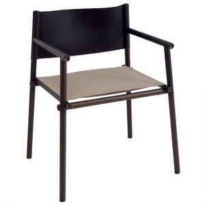 The Terramare armchair has a brown metal frame, a black eco-leather backrest, and a beige seat.