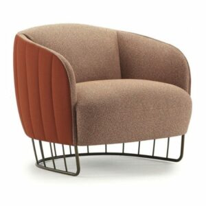 Upholstered Tonella lounge chair with metal frame. The chair is brown with rust-colored sides.