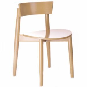 Front view of a light brown beech wood Toro side chair with a curved backrest and a wooden seat.