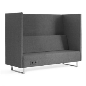 U-Sit sofa with a gray upholstered seat and back, metal frame, and a built-in power outlet.