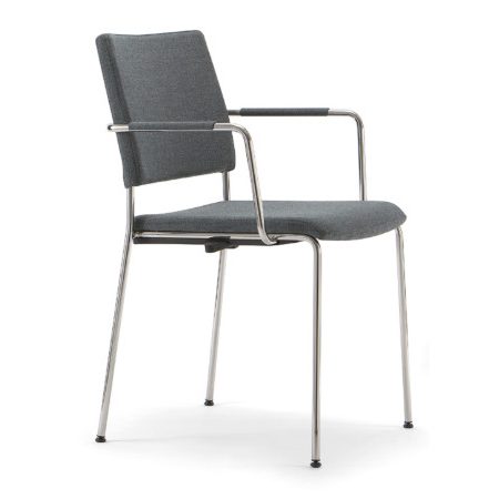 Angled view of a gray upholstered Vesper armchair with a metal frame, suitable for office or home use.