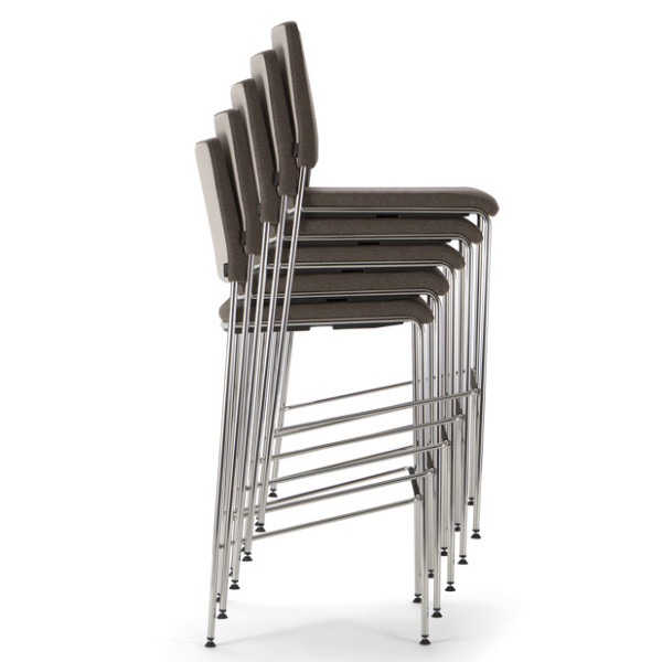 Stacked Vesper barstool with metal frame and upholstered seat and back, side view.