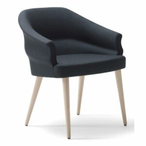 Upholstered Wavy armchair in dark blue fabric with light wood legs. Contemporary style seating.