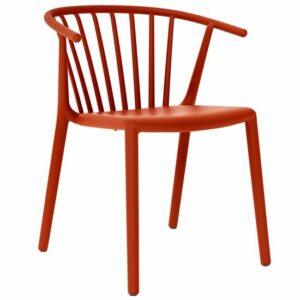 Front view of a stackable orange Woody Armchair. This outdoor chair has a polypropylene frame.
