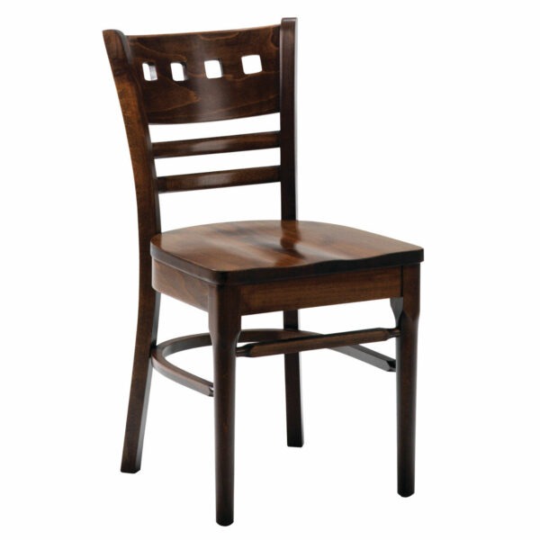 Front view of a brown wood Balti side chair with square cutouts in the back.