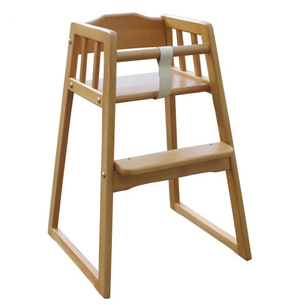 Natural wood Bambino highchair. Solid beech frame, footrest, safety strap, and classic design.