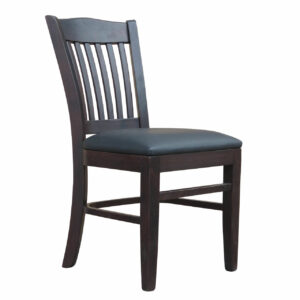 Angled view of a dark wood Boss side chair with a padded, upholstered seat. The chair has a slatted back.