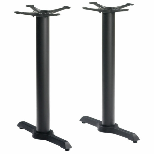 Two black metal Durham Twin Dining Table Bases with a cylindrical column and four-pronged feet.