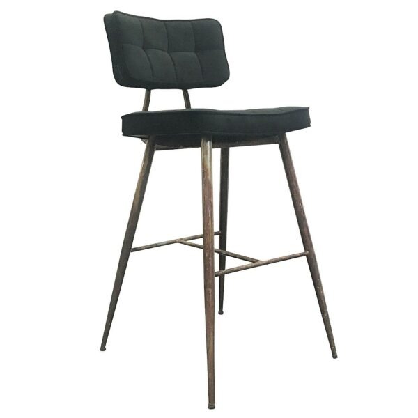 Upholstered Felix barstool in black. Features a square, cushioned seat and backrest with metal legs. High stool.