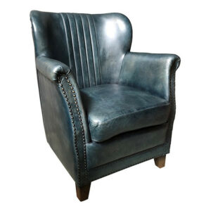 Vintage black/grey faux leather Michigan armchair. Upholstered seat and back with wood frame and studded detail.