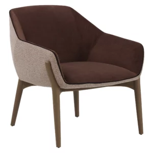 Nido lounge chair featuring a brown velvet interior, textured beige exterior, and a solid wood four-legged base.