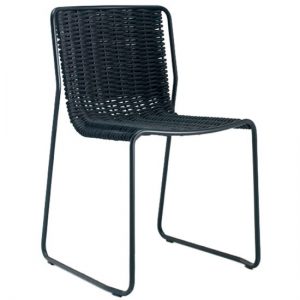 Black Randa side chair. Metal frame with woven seat and back. Stackable. Outdoor furniture.