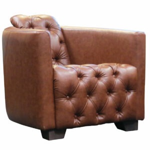 Brown leather Brandon Lounge Chair with button-tufted seat and armrests. Wood frame.