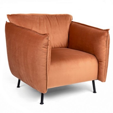 Upholstered Bubble lounge chair in rust. Metal frame with black legs. Modern style seating.