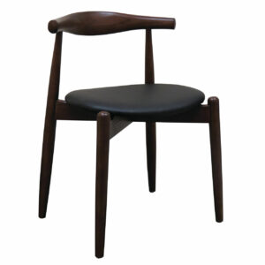 Front view of the Bull side chair. Wood frame with a black upholstered seat pad.