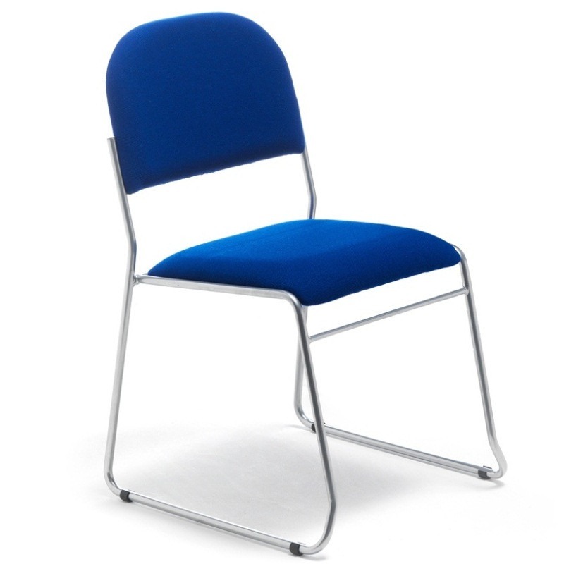 Angled view of the City side chair. Blue upholstered seat and back with a silver metal frame. Stackable.